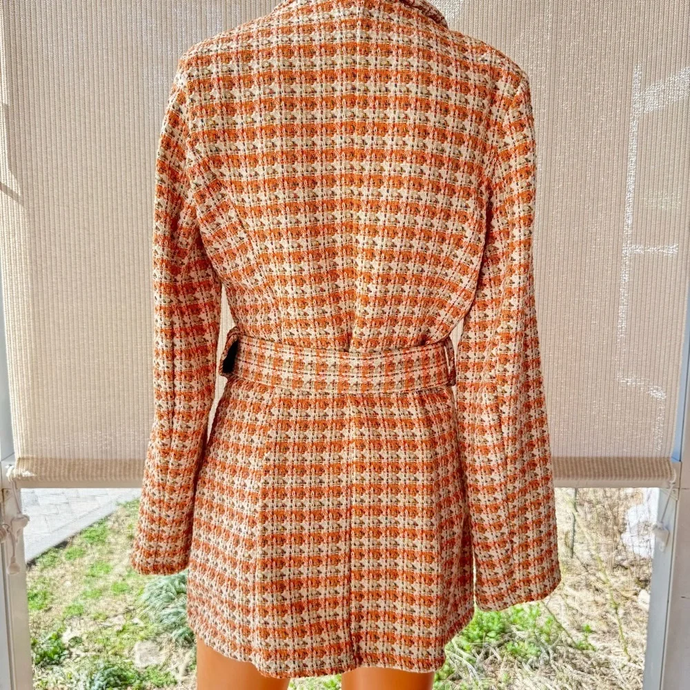 Venti6 Italy Tweed Belted Jacket Orange Cream Boucle Coat Womens M